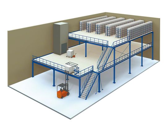 3 Levels Industrial Mezzanine Floors , Blue / Orange Platform Storage Systems